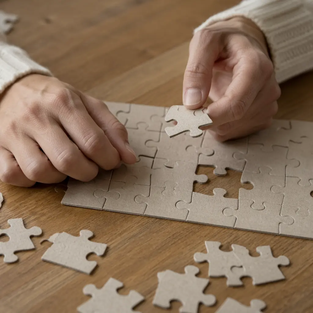 Hands calmly arranging puzzle pieces on a wooden table