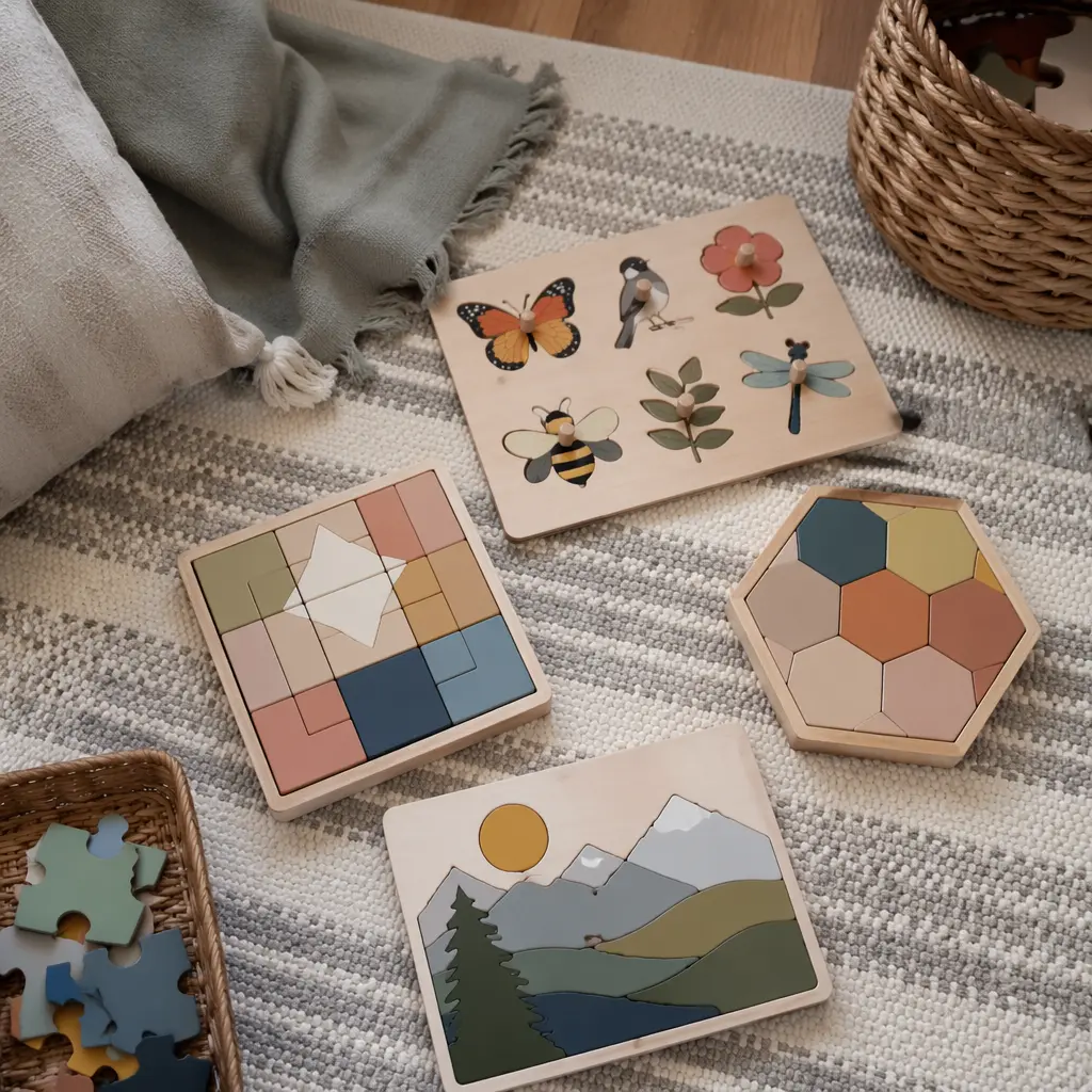 Overhead view of a quiet play area with puzzles arranged neatly
