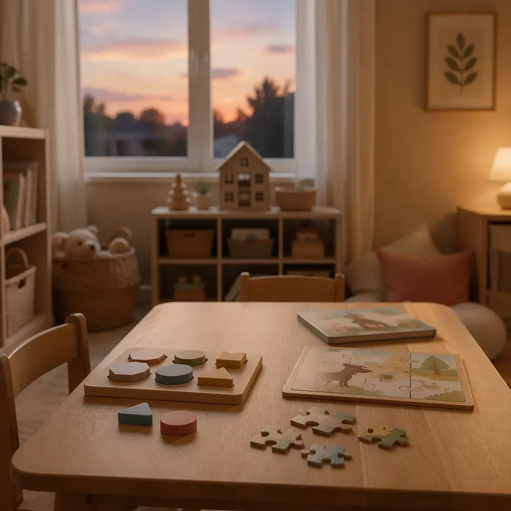 A calm playroom setup with simple puzzles in soft natural light