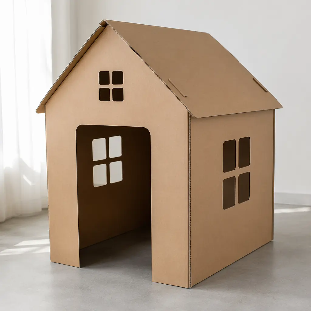 A simple cardboard playhouse with cut-out windows and a door, shown in a clean studio setting.