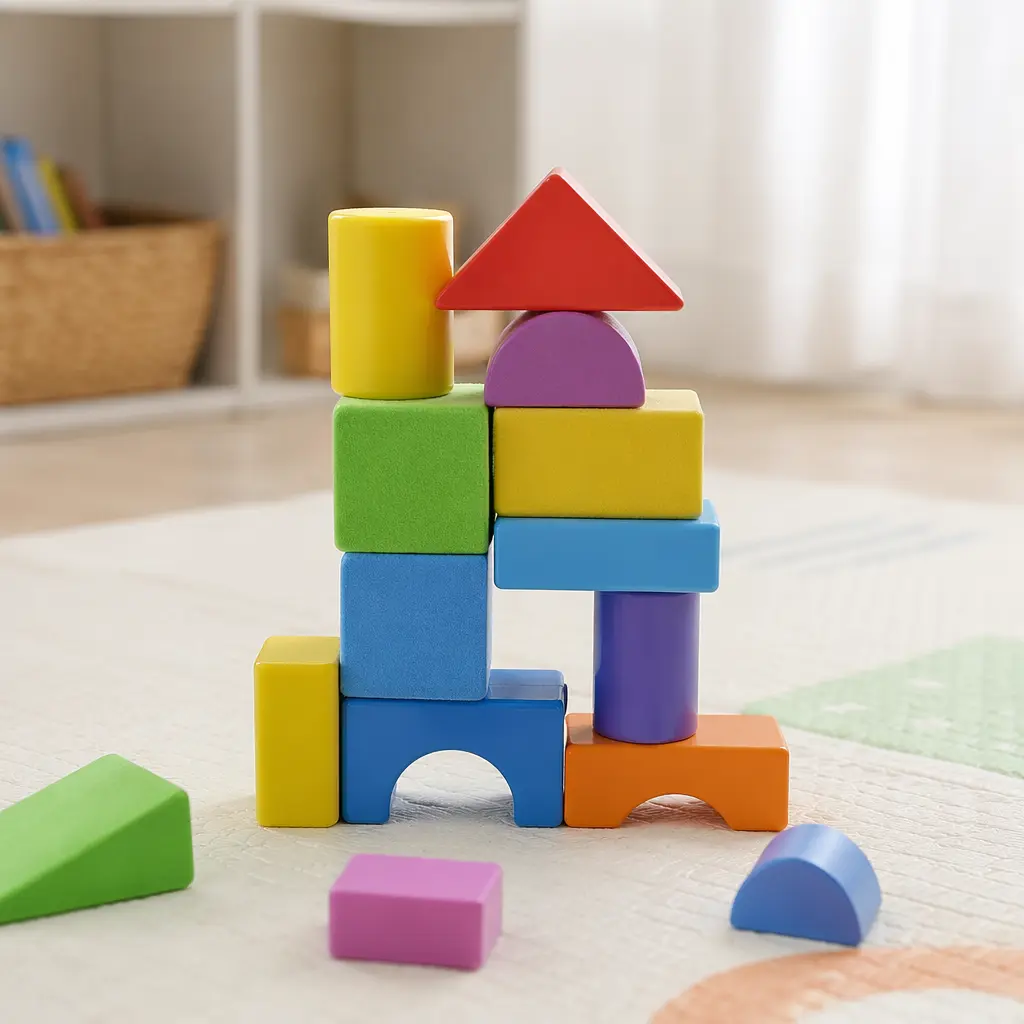 Chunky plastic and foam building pieces arranged for preschool play
