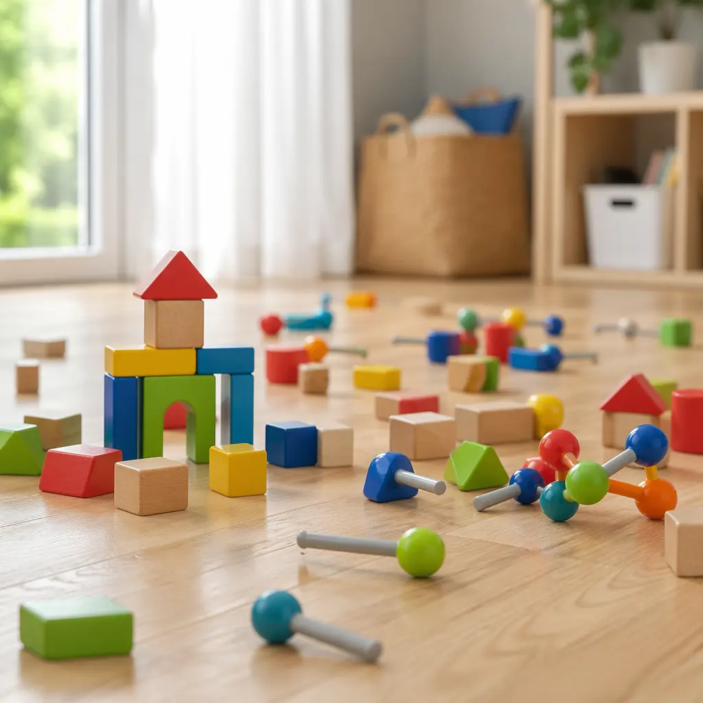 Affordable open-ended building toys arranged on a playroom floor