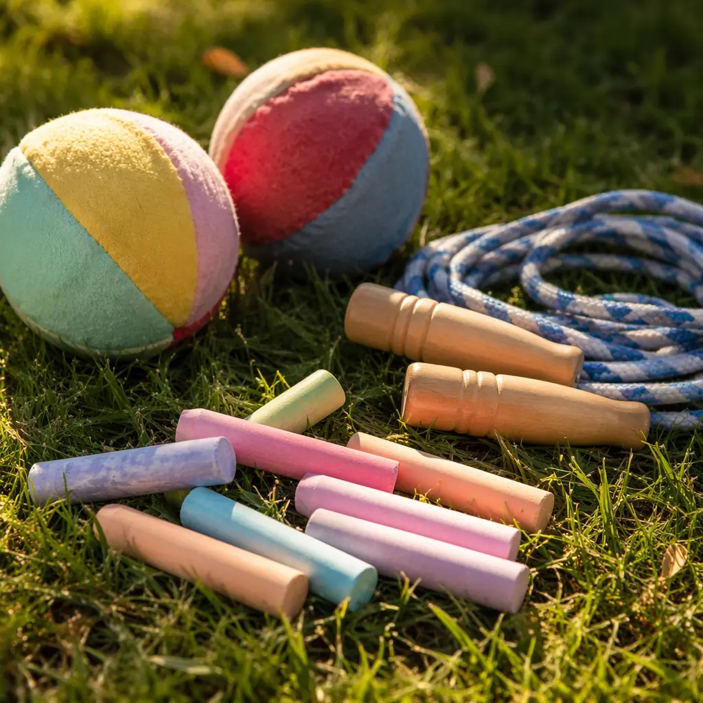 Classic outdoor play items like chalk and jump ropes on grass