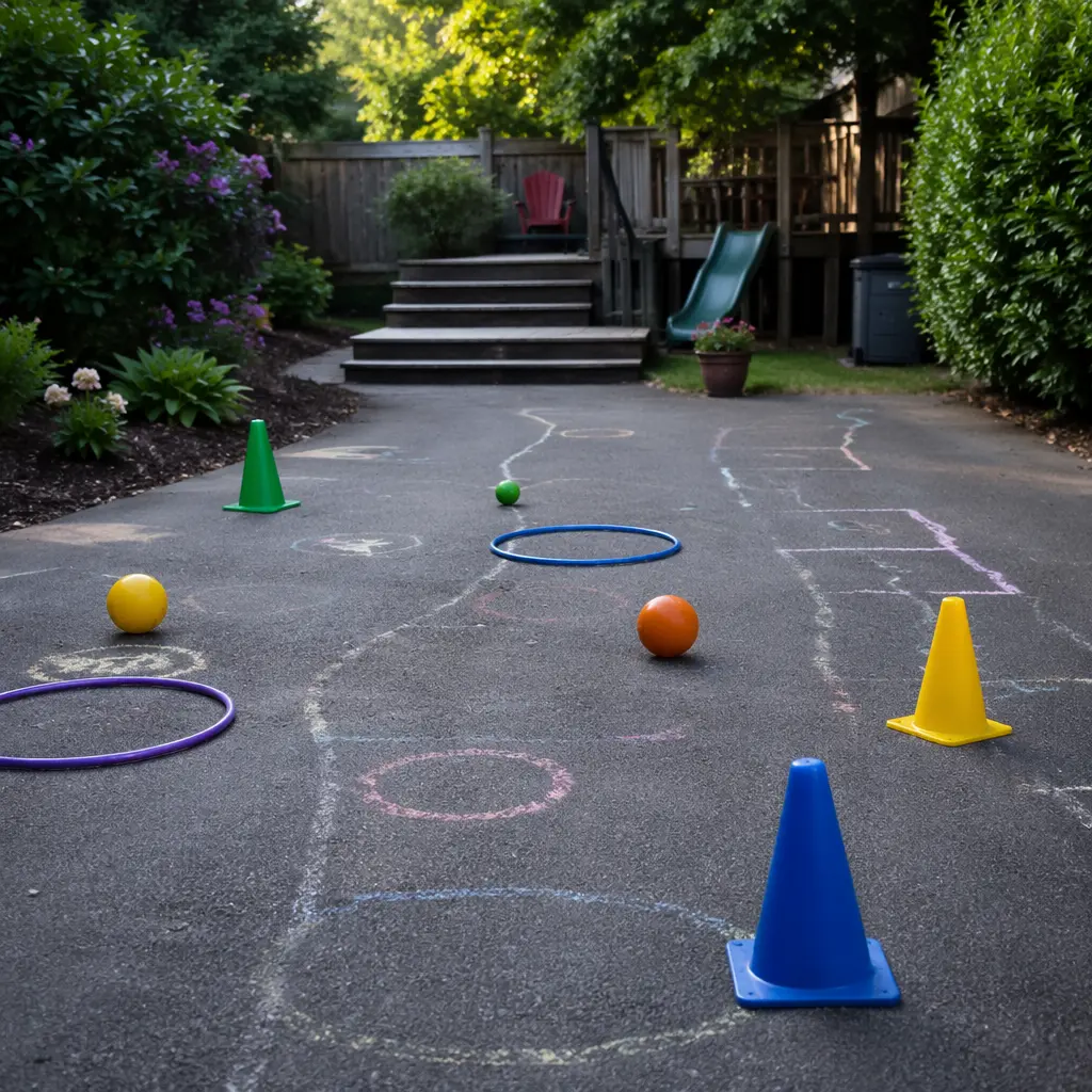 Backyard play area set up with simple, low-cost outdoor toys