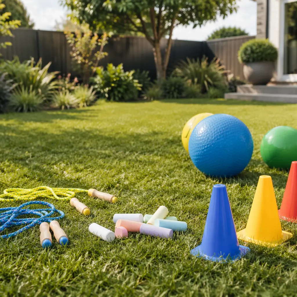 Simple low-cost outdoor toys arranged on a sunny backyard lawn