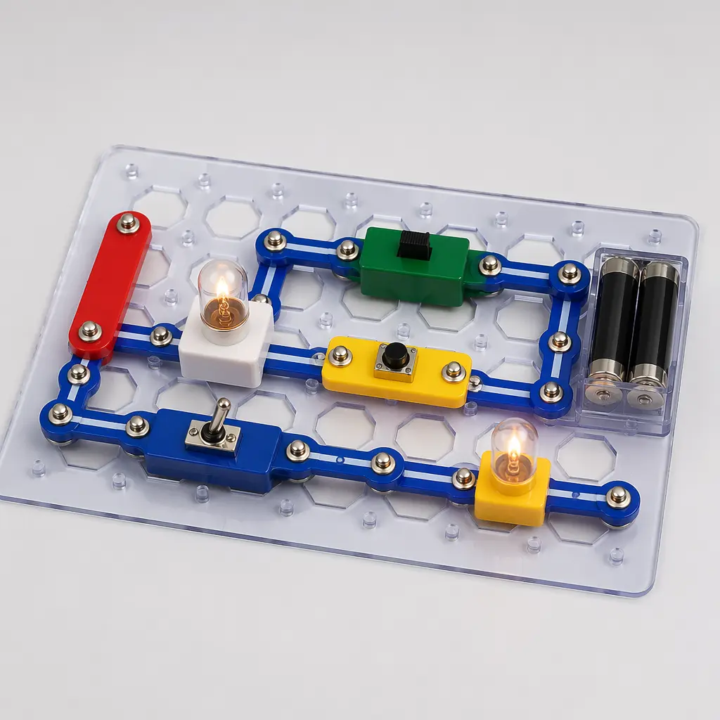 Hands-on electronic logic puzzle with snap-together circuit pieces and a small light bulb