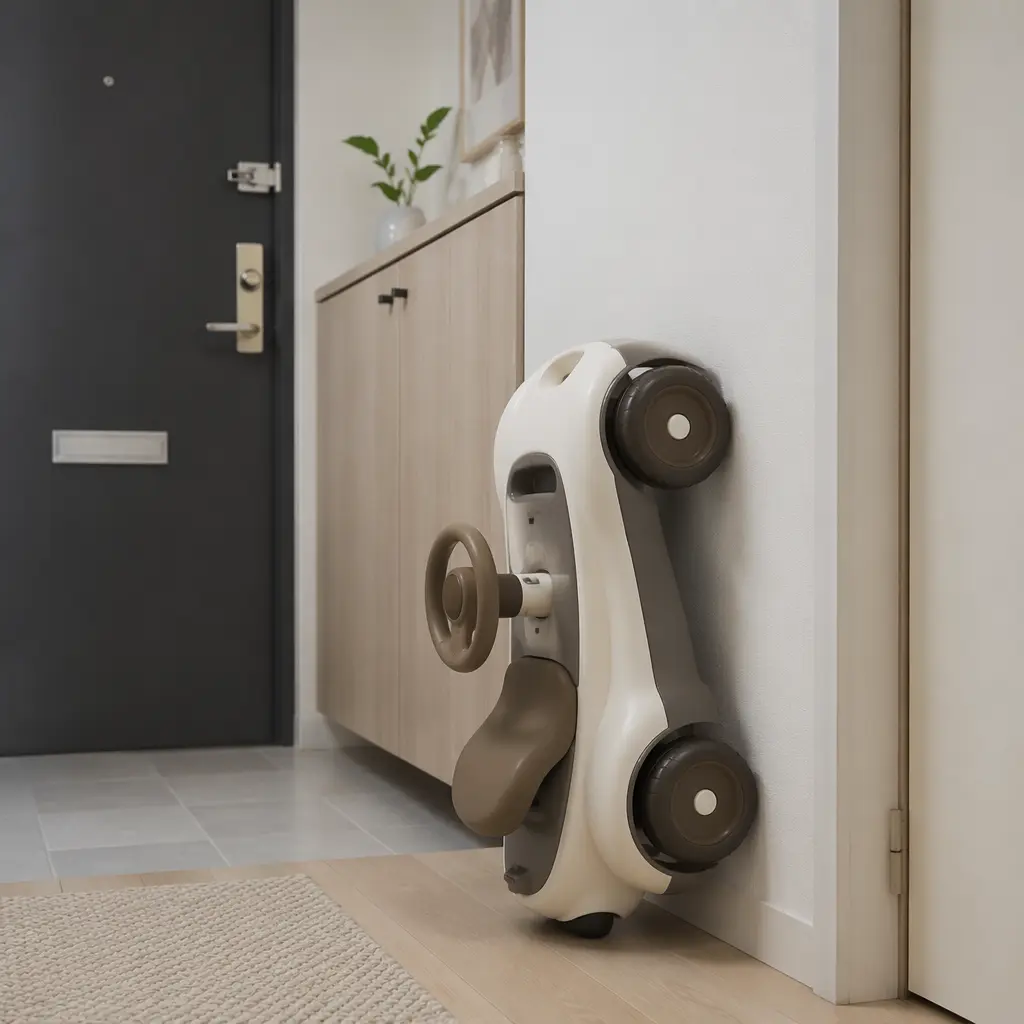 Compact ride-on toy stored upright against a wall