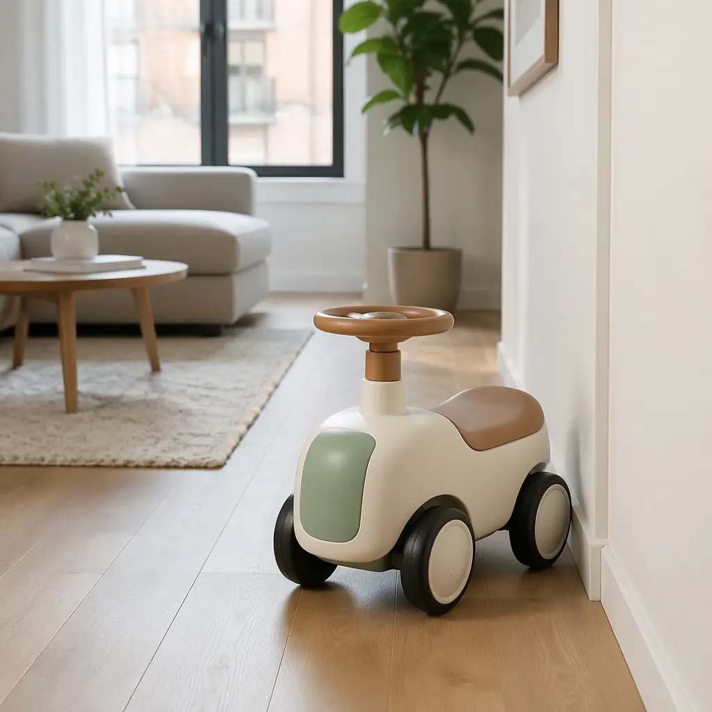 Compact ride-on toy set up in a small apartment living room
