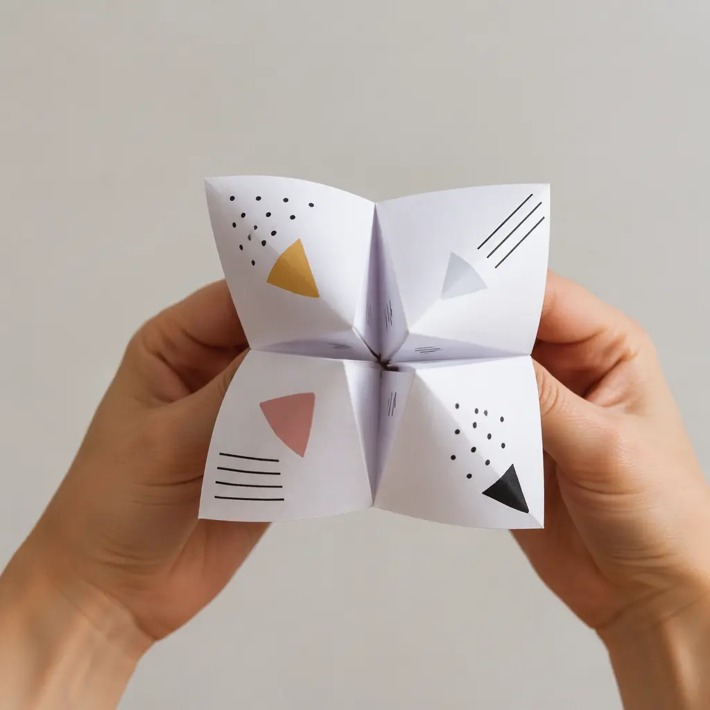 A folded paper fortune teller toy held open, showing its four flaps