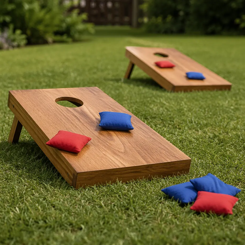 Wooden cornhole boards and fabric beanbags set up on a lawn