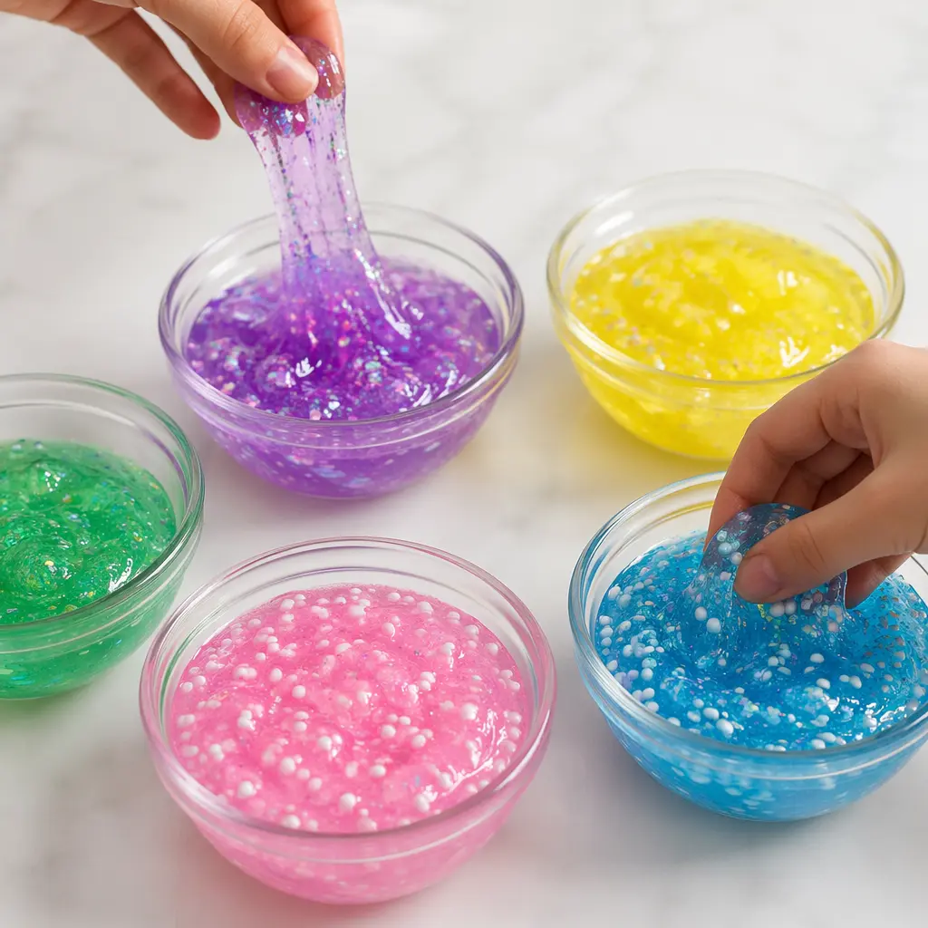 Colorful homemade slime textures in bowls with glitter and foam beads