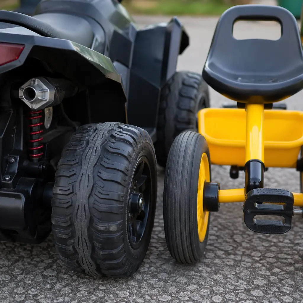 Close-up of wheels and frames on different types of ride-on toys