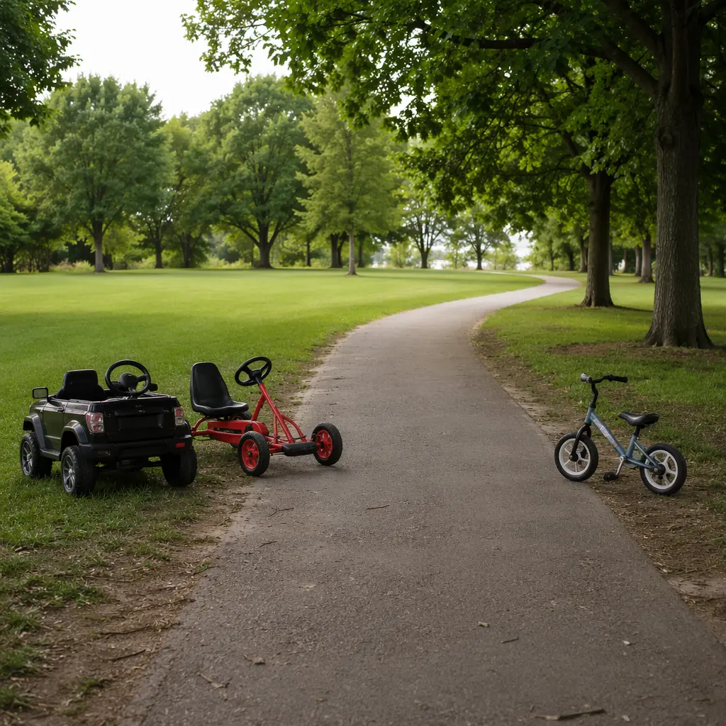 Ride-on toys placed along a park path in natural light