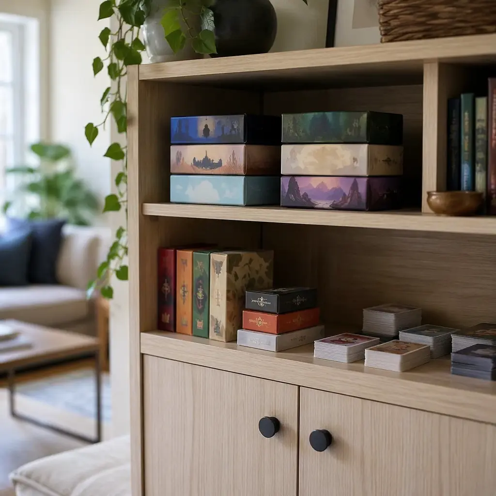 Shelf with compact board and card games suitable for tweens.
