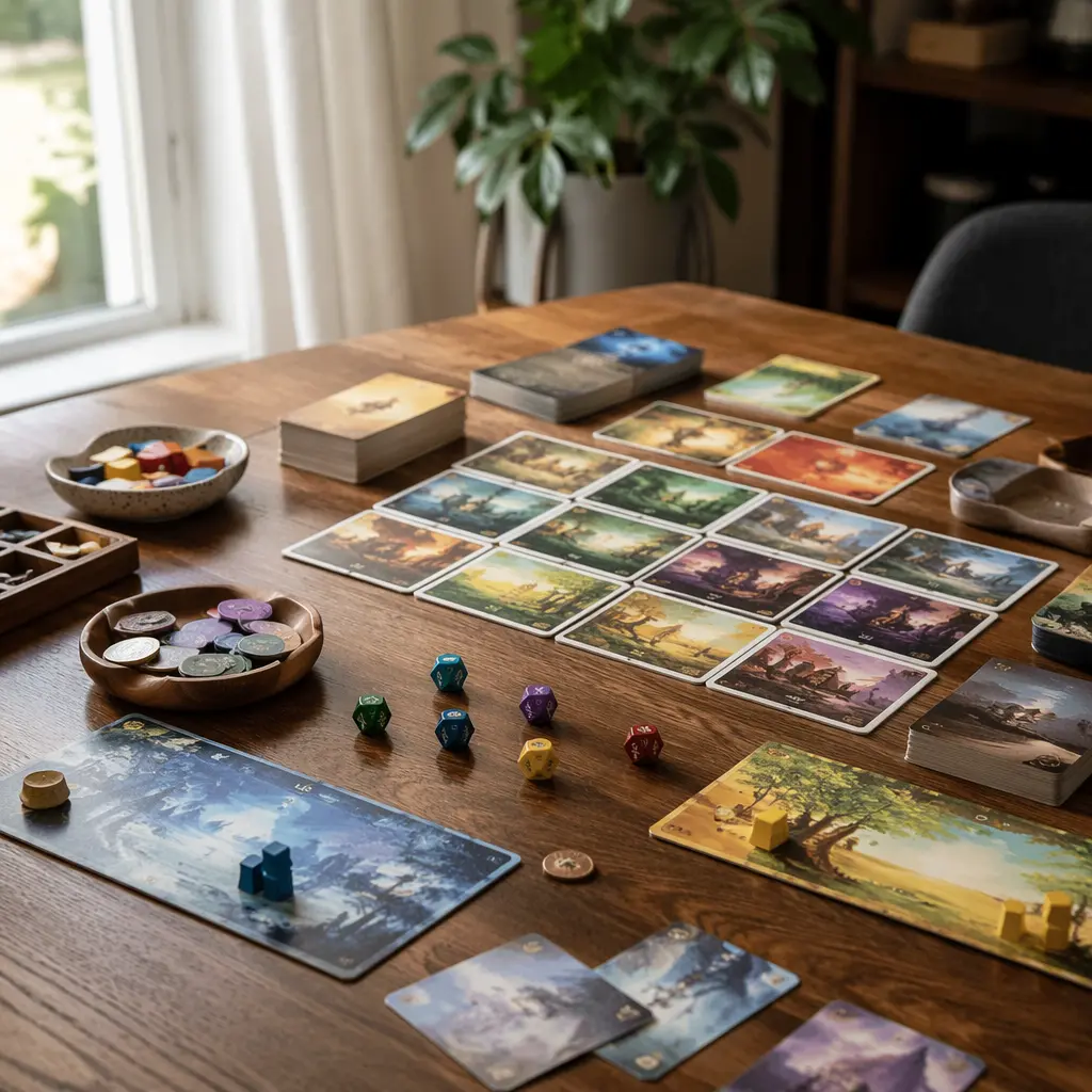 Colorful board and card game pieces set up on a table, suggesting a fast-paced tabletop game.