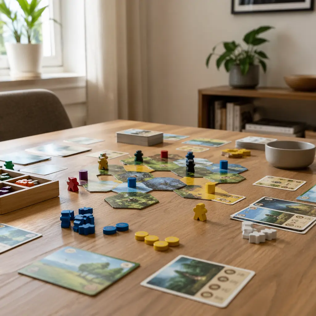 Colorful tabletop board game components arranged for a fast strategy game