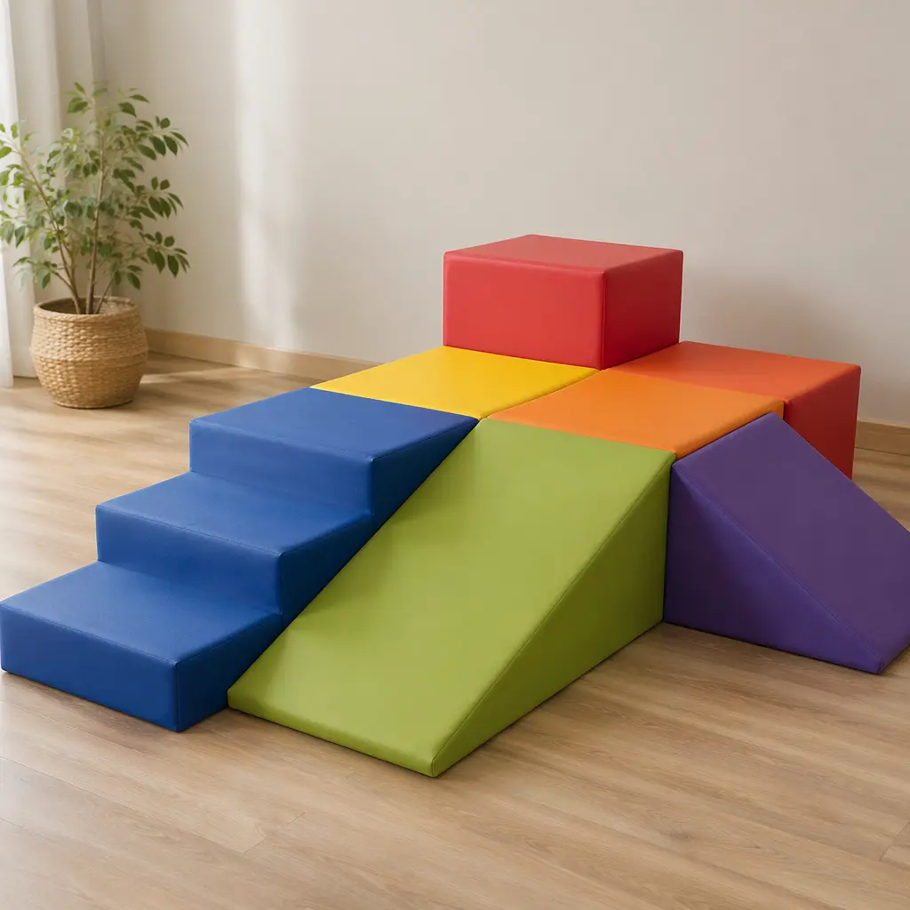 Colorful foam climbing blocks arranged into steps and ramps on a wooden floor