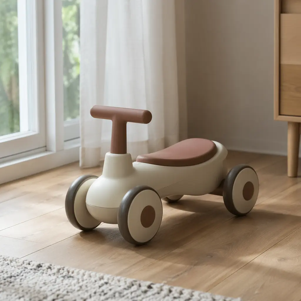 Low-to-the-ground toddler ride-on toy near a sunlit window