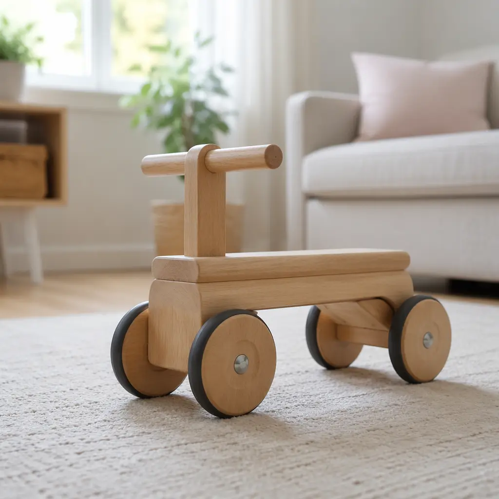 A foot-powered wooden ride-on toy in a softly lit room