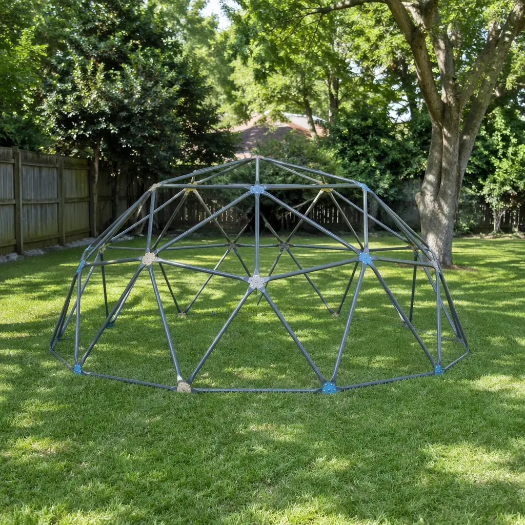A metal geodesic climbing dome set up on a grassy backyard lawn