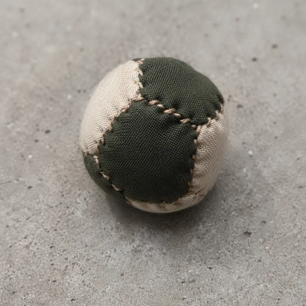 A small hand-stitched fabric footbag used for Hacky Sack