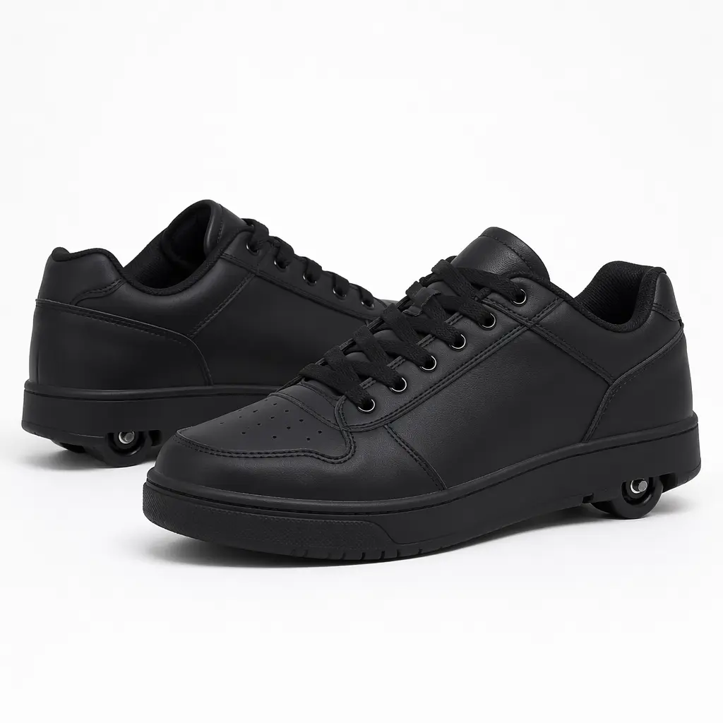 Pair of roller shoes with small wheels built into the heels
