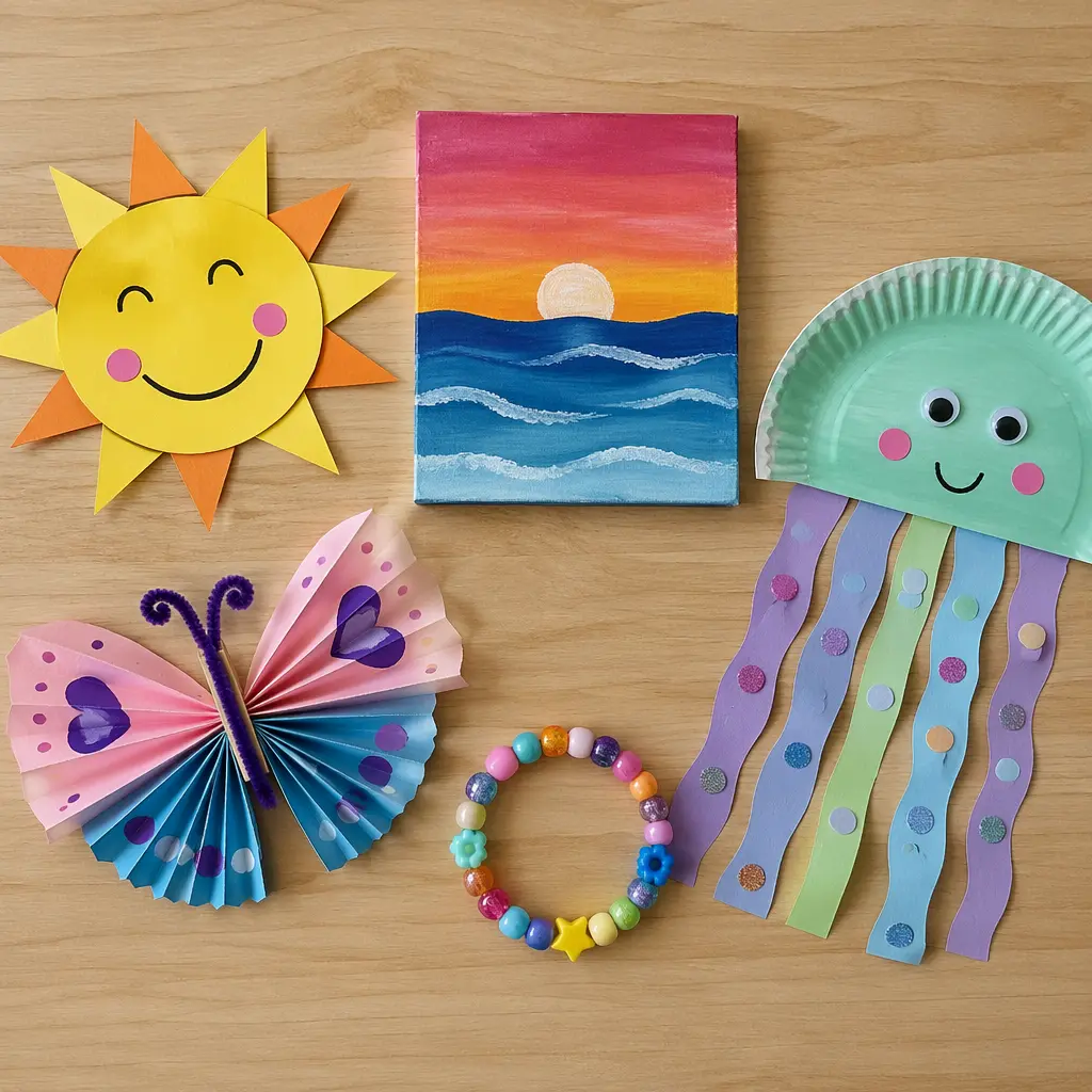 Finished kids craft projects displayed neatly on a table