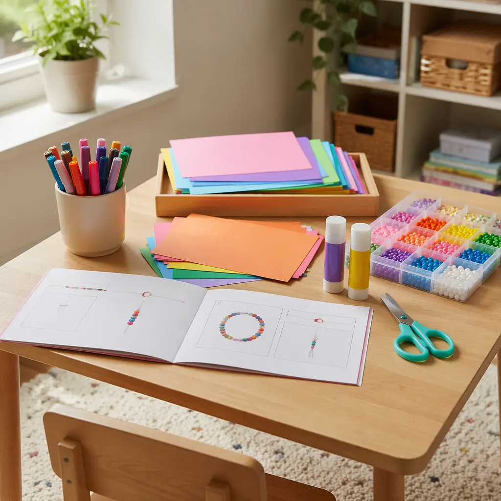Child-sized arts and crafts table with simple supplies arranged for independent play
