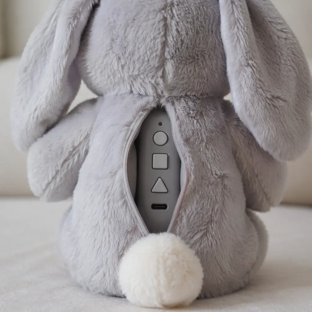 Close-up of a plush toy designed with hidden electronic features, shown powered off.