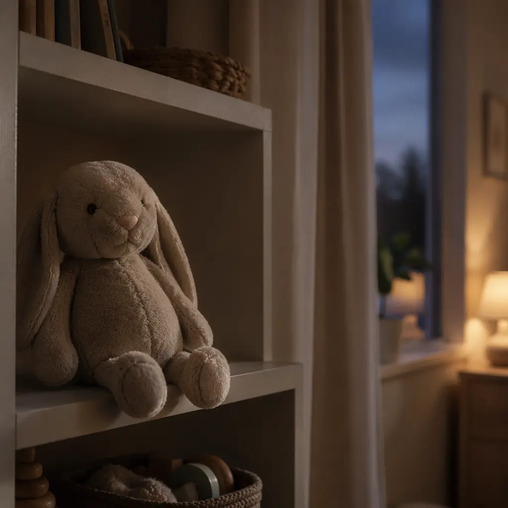 A plush toy stored on a nursery shelf, not inside the crib, in a calm evening setting.