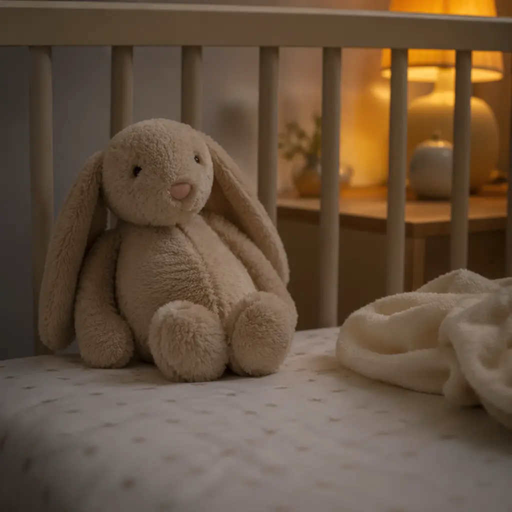 A plush toy on a crib in soft evening light, suggesting a calm bedtime setting.