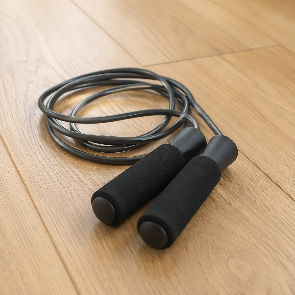 A classic jump rope resting on a wooden floor