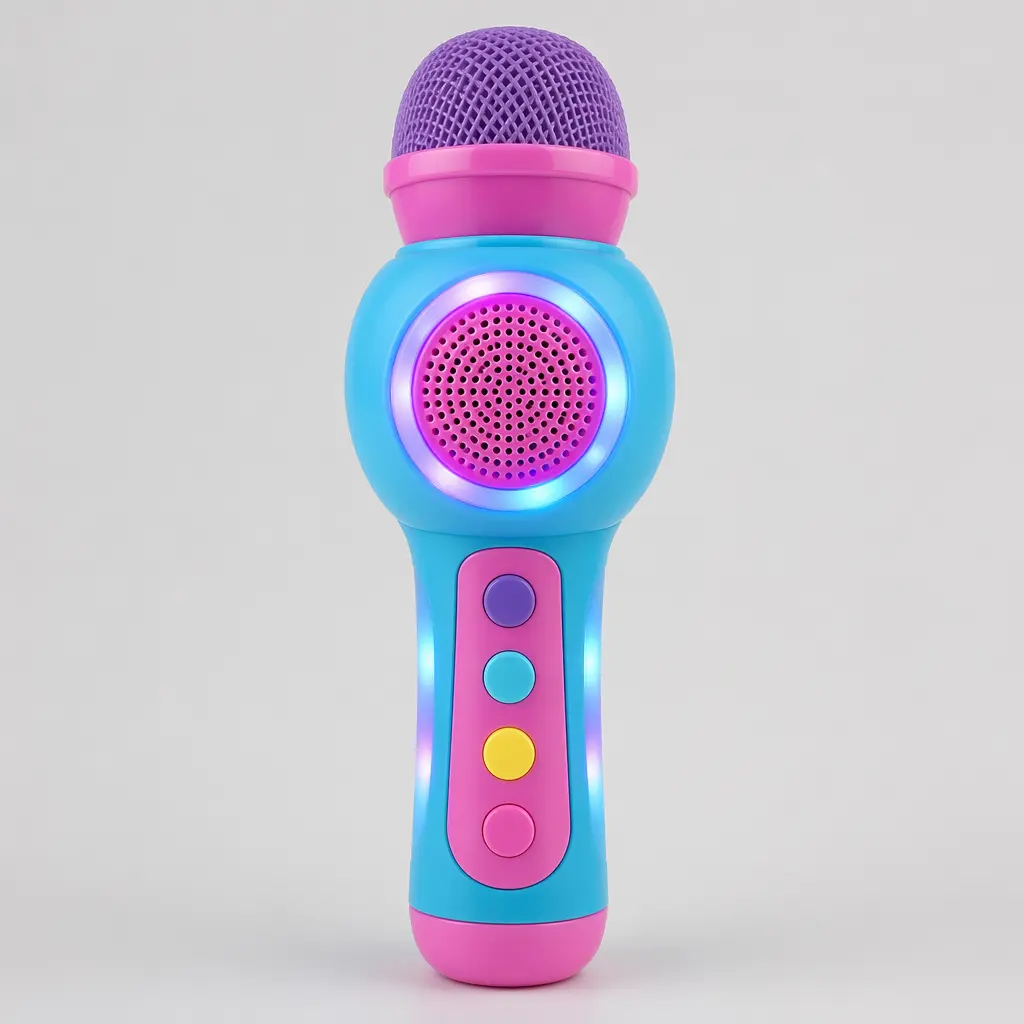 A colorful toy karaoke microphone with a built-in speaker, photographed in a studio setting