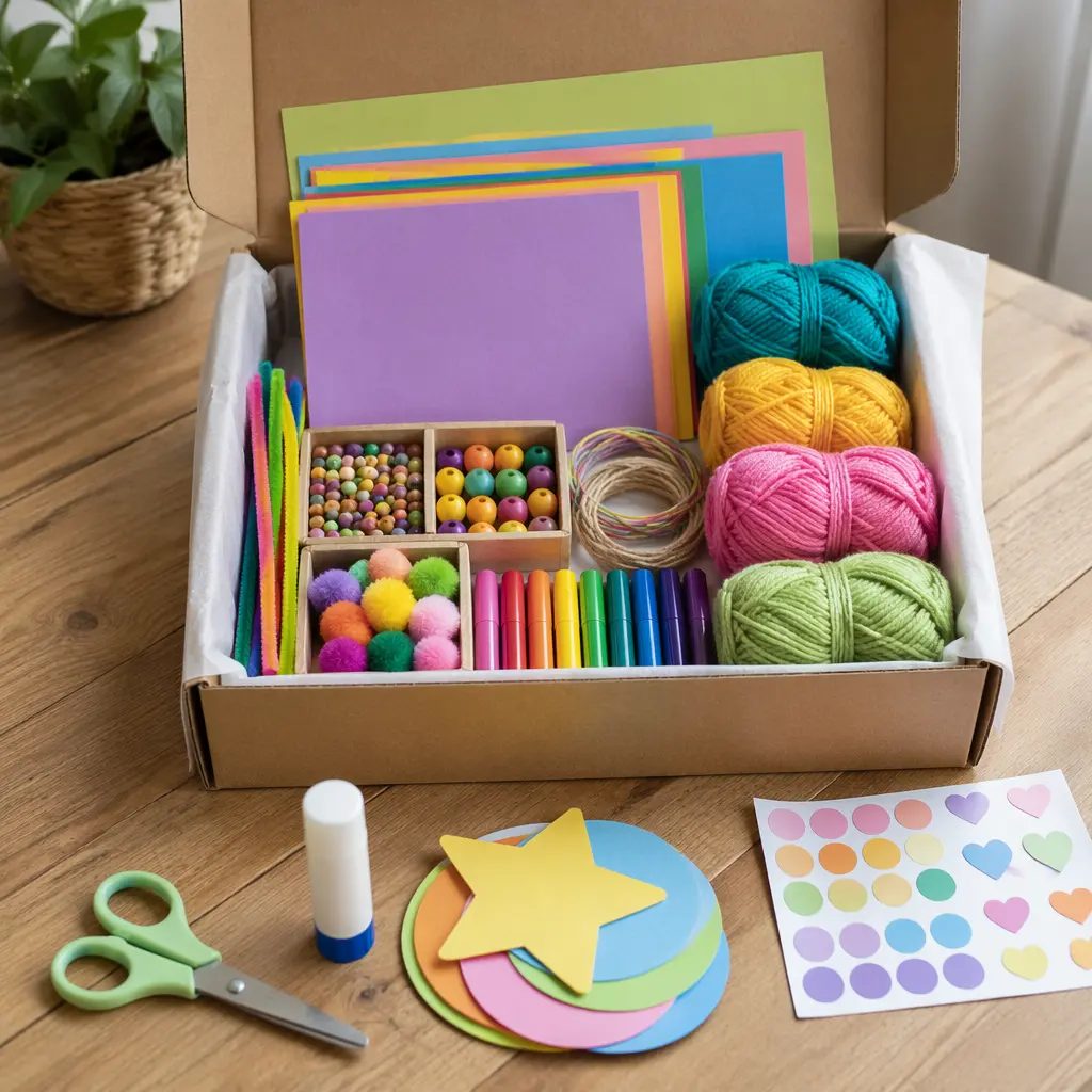 A neatly arranged children's craft kit with colorful materials laid out on a table