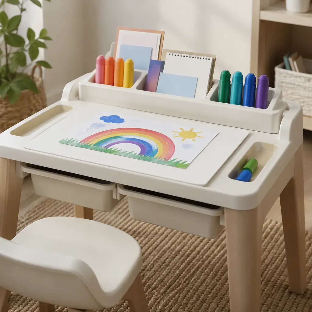 Organized art workspace using low-mess craft supplies