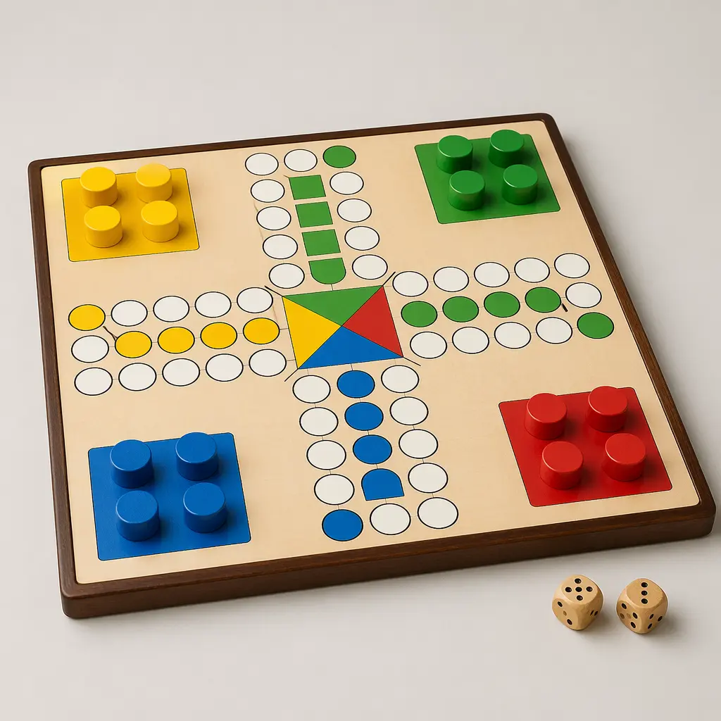 A classic Ludo-style board with colourful tokens and a die on a neutral background