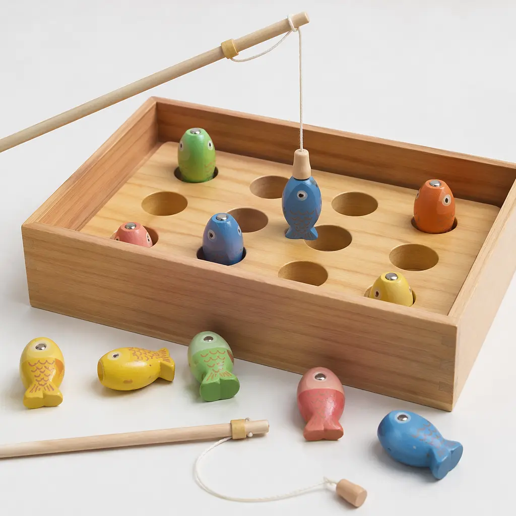 A wooden magnetic fishing game with colorful fish and simple rods laid out on a table