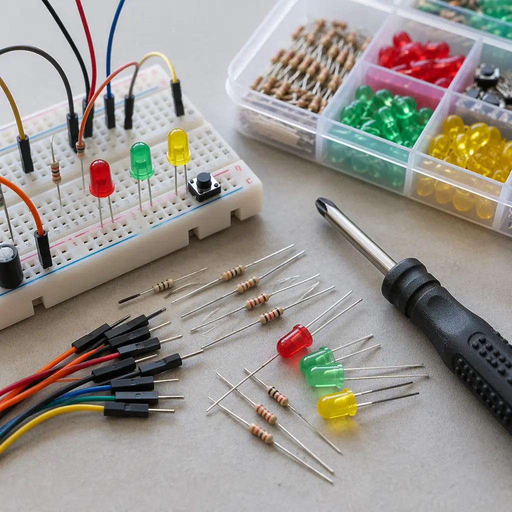 Hands-on electronics project kit with components and tools