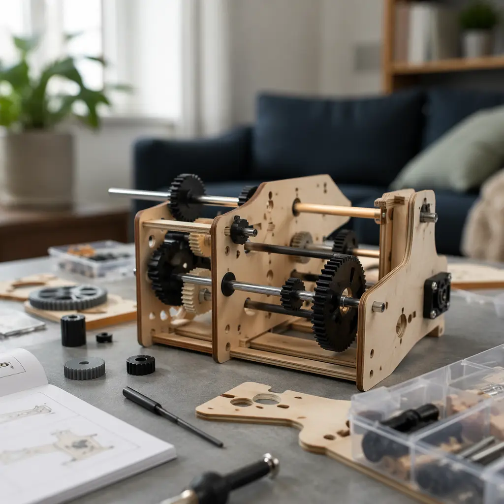 Mechanical STEM project with gears and wooden components