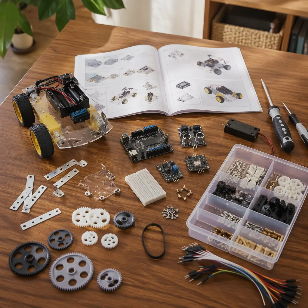 Offline STEM gadgets with electronic and mechanical parts arranged on a table