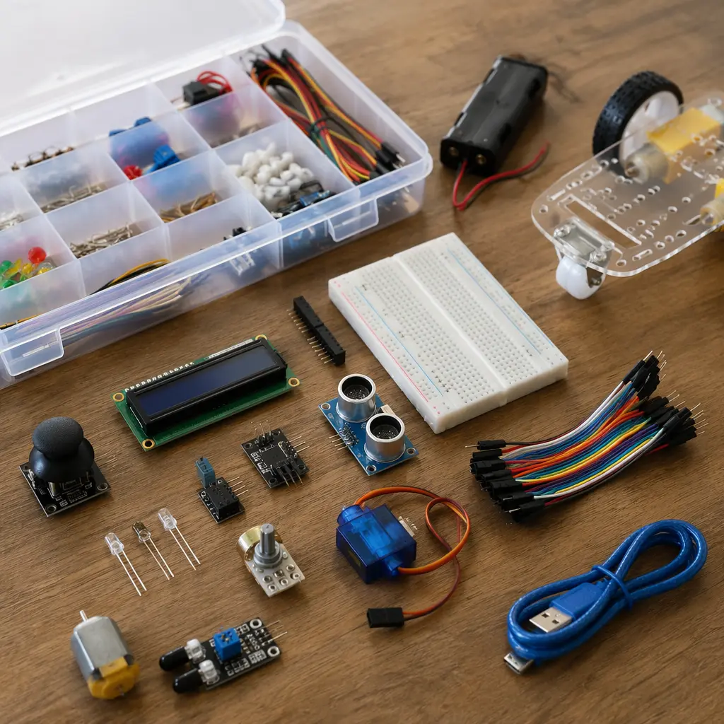 Hands-on electronics components arranged for offline learning