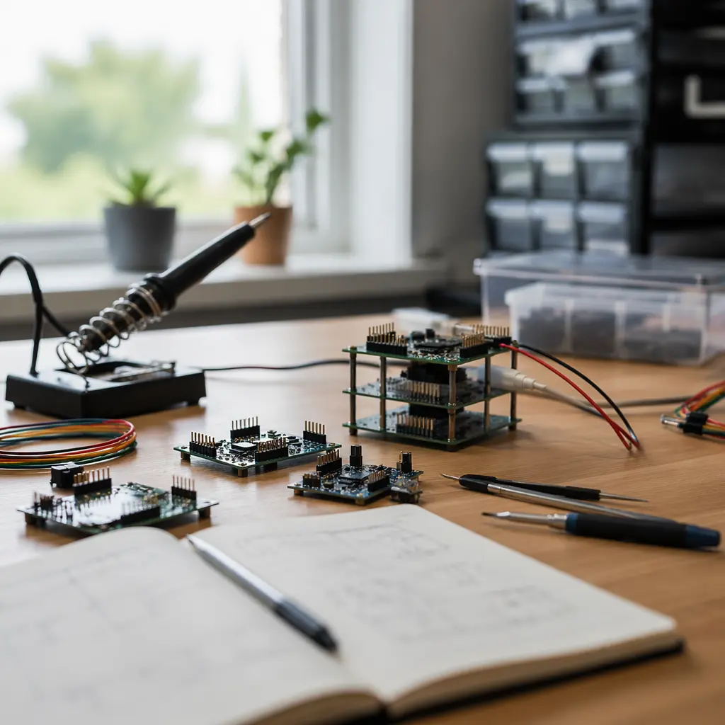 Offline electronics kits and tools arranged on a desk for teen learning
