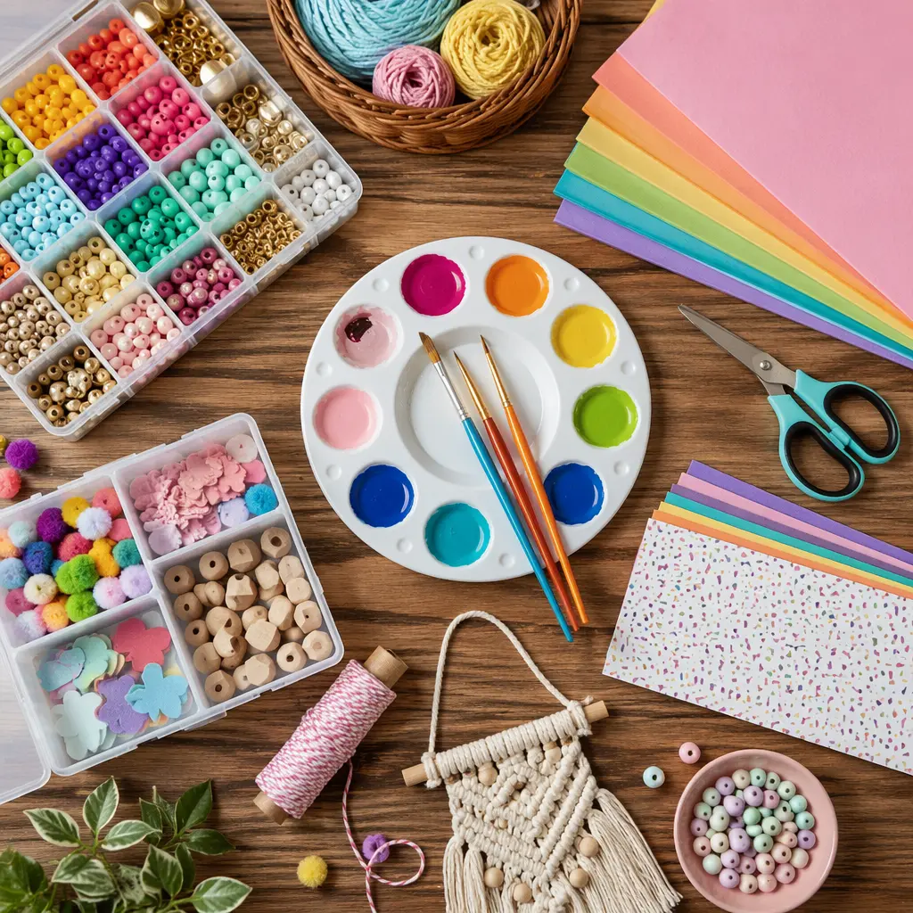 Assorted arts and crafts kits arranged on a table, ready for a one-afternoon project
