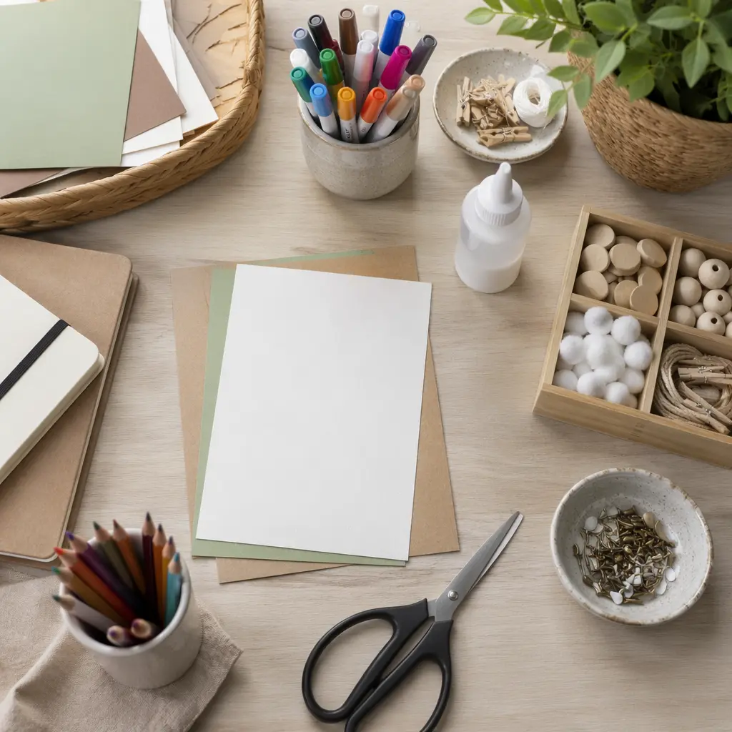 An organized craft workspace with kid-friendly tools.