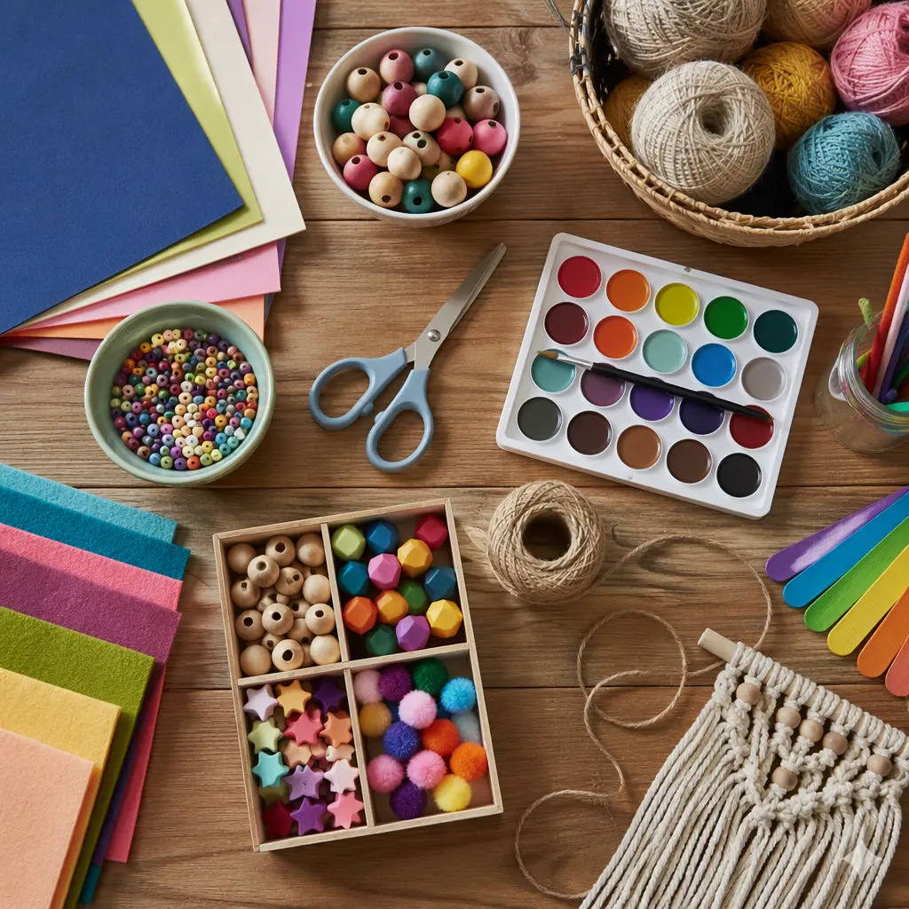 A neat tabletop spread of colorful craft supplies suitable for kids.