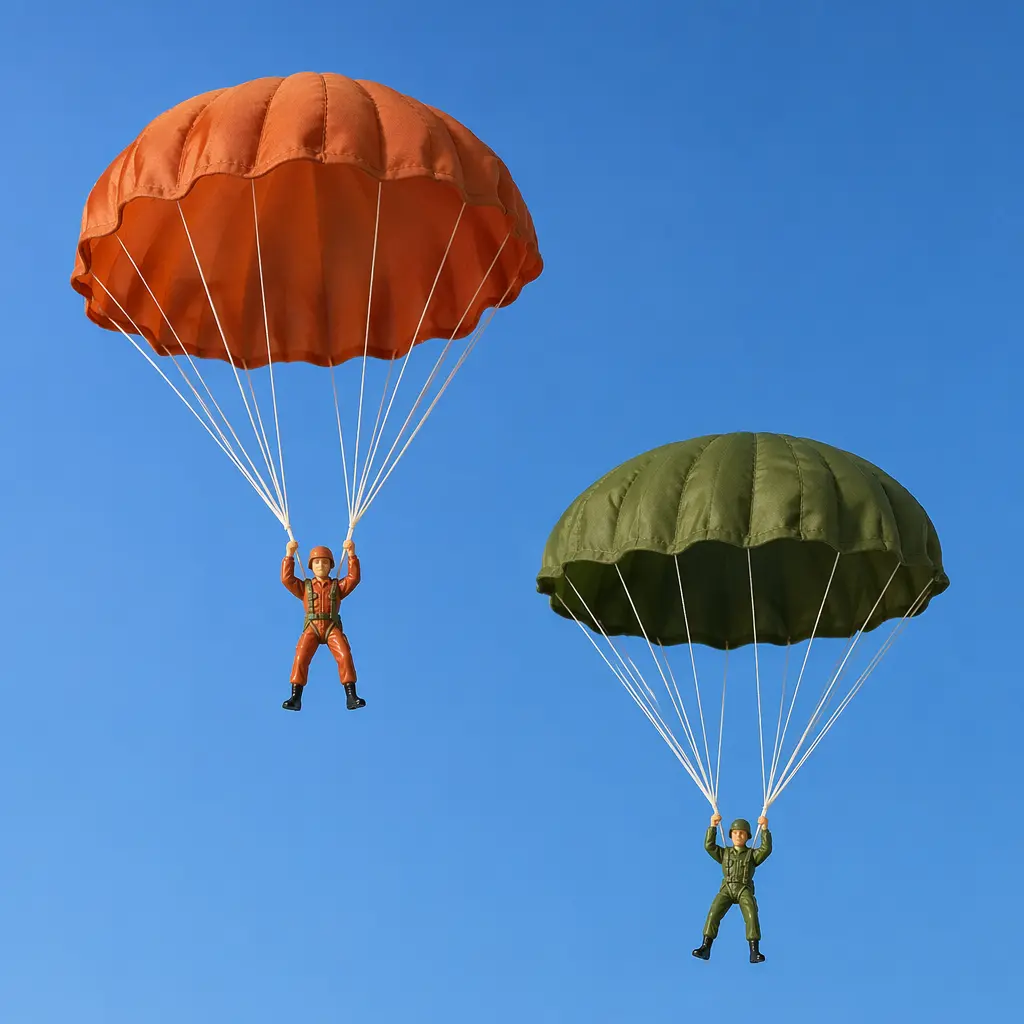 Small toy parachutists drifting down on fabric parachutes