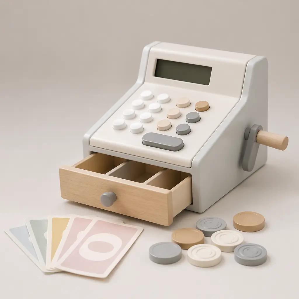 A children's play cash register with toy money laid out on a table