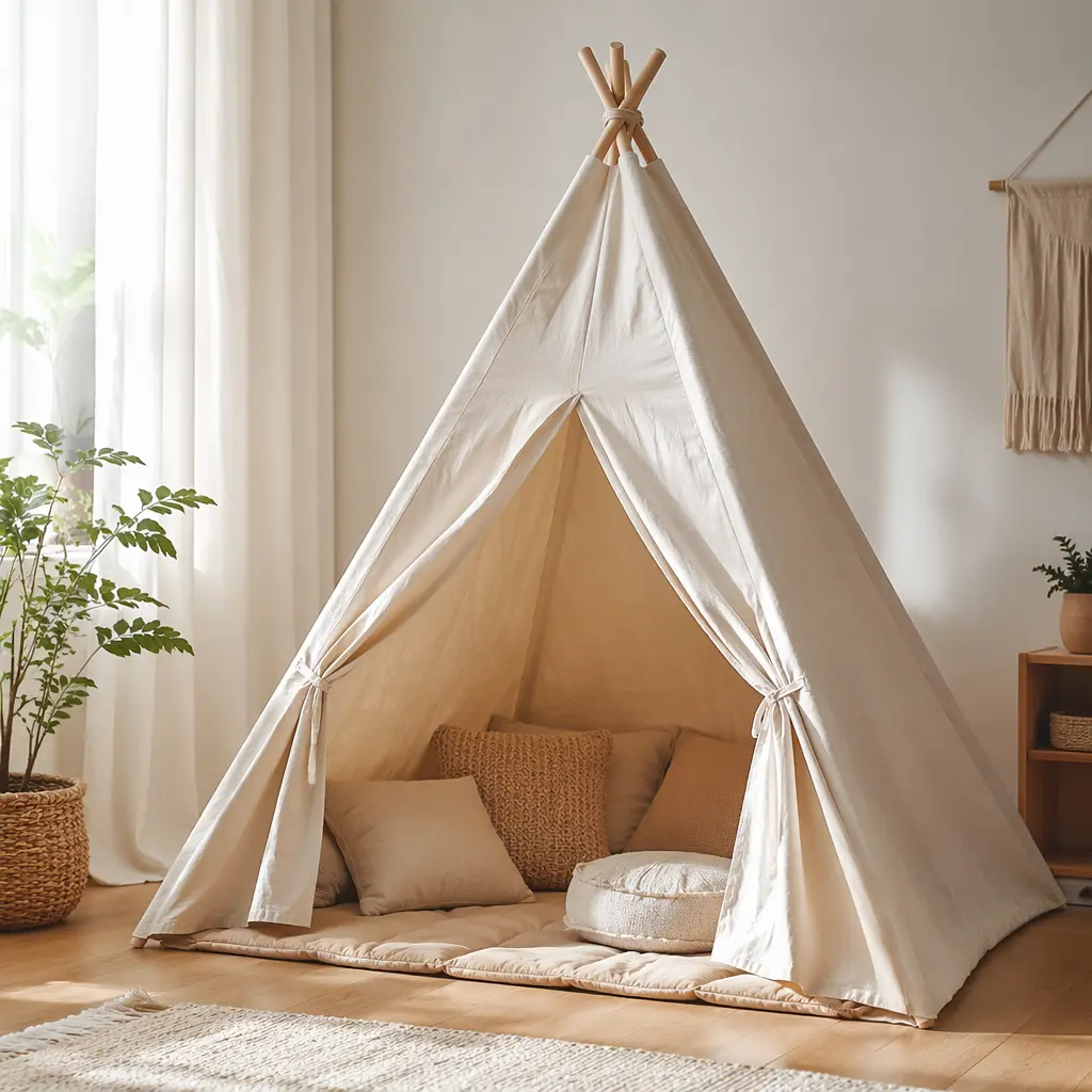 A simple fabric play tent set up indoors with cushions, creating a cozy imaginative space.