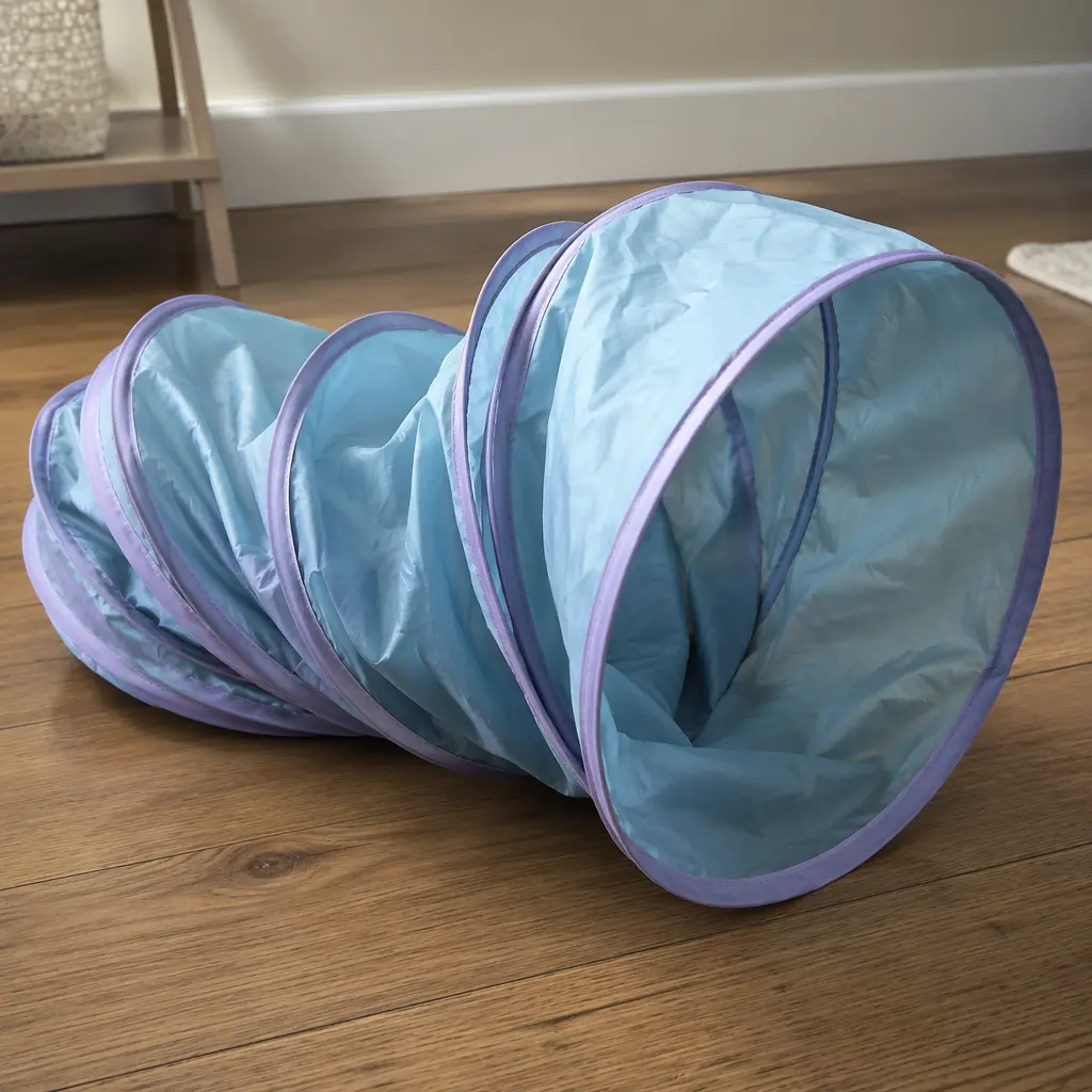 Close-up view of a collapsible fabric play tunnel on a wooden floor