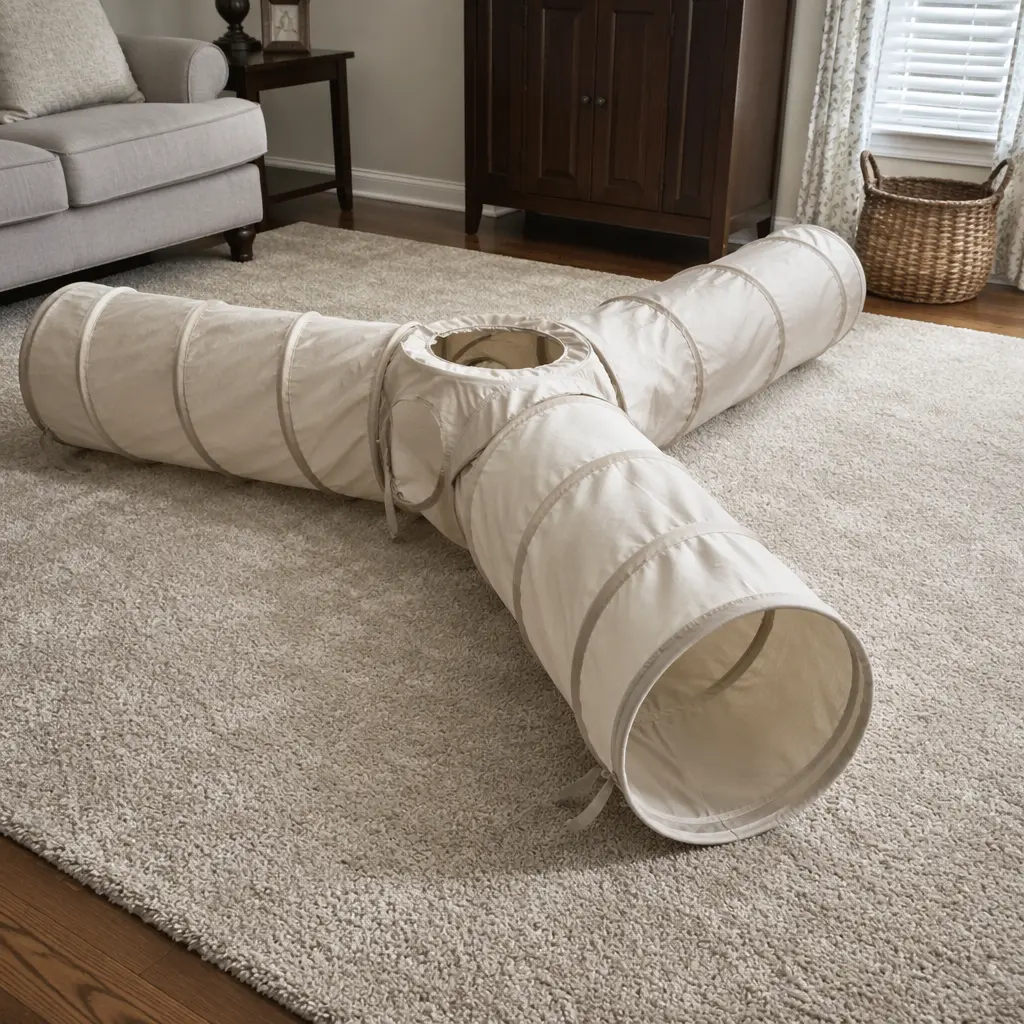 Several fabric play tunnels connected together in a living room